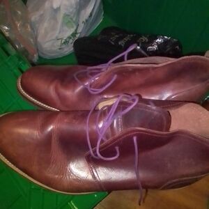 J Brand Brown Leather Oxfords with Purple Laces